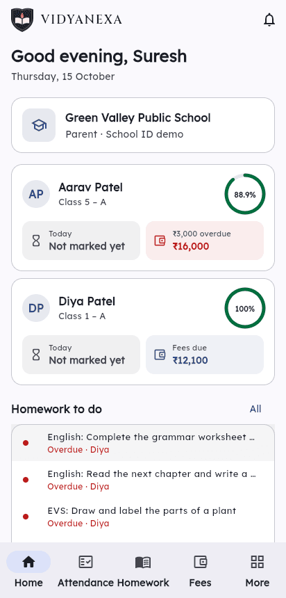 The Vidyanexa parent app home screen