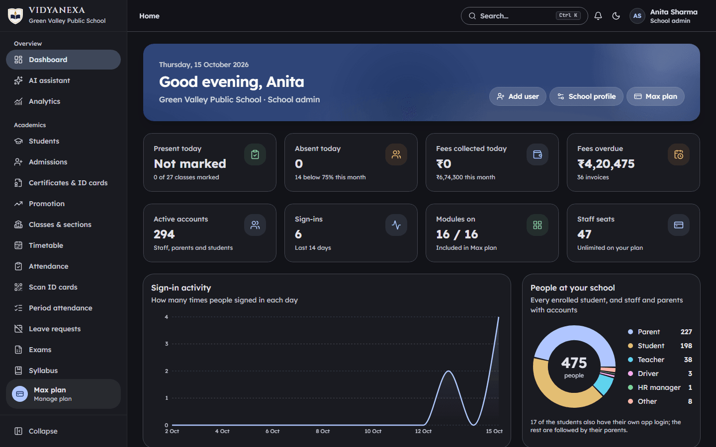 The Vidyanexa school dashboard in dark mode